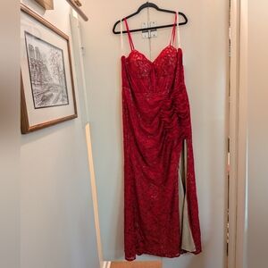 Red Lace Ruched Maxi Dress with Bustier Bodice